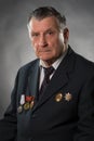 Portrait of an elderly gray haired man. On his chest medals of the Soviet period. A war veteran and hero of socialist labor.