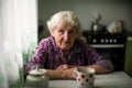 Portrait of an elderly lone woman sitting at the table.