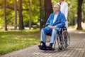 Portrait of elderly man on wheelchair outdoor Royalty Free Stock Photo