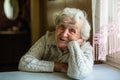 Portrait of elderly lady sitting at the table.