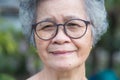 Portrait of an elderly woman looking at the camera while standing in a garden. Royalty Free Stock Photo