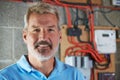 Portrait Of Electrician Standing Next To Fuseboard Royalty Free Stock Photo