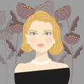 Portrait of an elegant blond girl with pearls, black dress and earrings, on gray background with flowers, flat vector