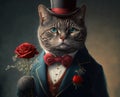 A portrait of an elegant cat with red rose wearing in a top hat and a suit on a dark background. Created with Generative AI Royalty Free Stock Photo