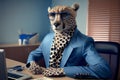 Portrait of an elegant cheetah businessman with a fashionable blue suit and eye glasses at the office