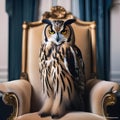 A portrait of an elegant owl in a velvet gown and pearls, sitting in a grand chair1