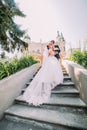 Portrait of elegant stylish young wedding couple on stairs in park. Groom is kissing his new wife, romantic antique palace at back Royalty Free Stock Photo