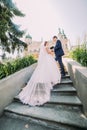 Portrait of elegant stylish young wedding couple on stairs in park. Romantic antique palace at background Royalty Free Stock Photo