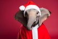 Portrait of an Elephant Dressed in a Red Santa Claus Costume in Studio with Colorful Background