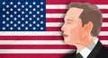 Portrait of Elon Musk on the background of a USA flag