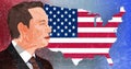 Portrait of Elon Musk on the background of a USA map with a flag