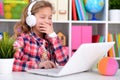 Portrait of emotional cute girl using laptop Royalty Free Stock Photo