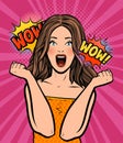 Portrait of an emotional surprised young woman. Wow retro comic style vector