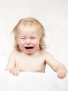 Portrait of emotional tears crying baby toddler blond Royalty Free Stock Photo