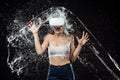 portrait of emotional woman in vr headset swilled with water