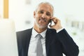 Portrait, employee and phone call with mature man, connection and communication with app. Face, senior person and real Royalty Free Stock Photo