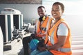 Portrait, engineer team and black people on coffee break at construction site. Smile, architects and man and woman relax Royalty Free Stock Photo