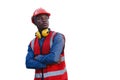 Portrait of engineering male african american wear uniform and hardhat crossed arms standing isolated on white background with