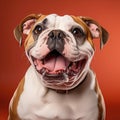 Portrait of an English Bulldog on bold orange background, highlighting breed adorable snubnosed features and playfulness