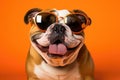 Portrait English Bulldog Dog With Sunglasses Orange Background