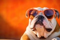 Portrait English Bulldog Dog With Sunglasses Orange Background