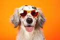 Portrait English Setter Dog With Sunglasses Orange Background