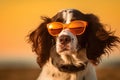 Portrait English Springer Spaniel Dog With Sunglasses Orange Background