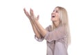 Portrait of an enthusiastic beautiful young woman raising hands Royalty Free Stock Photo