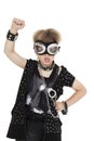 Portrait of enthusiastic punk boy wearing pilot goggles over white background Royalty Free Stock Photo