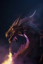 Portrait of an epic dragon, in a glowing purple mist, with glowing eyes