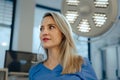 Portrait of ER doctor in hospital working in emergency room. Portrait of beautiful nurse in blue uniform, low angle shot Royalty Free Stock Photo