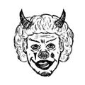 Portrait of evil clown with horns and grin. A sketch, grunge, doodles. Vector illustration drawn by hand.