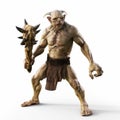 Portrait of a evil troll with spiked club, ready for battle on an isolated white background. Royalty Free Stock Photo