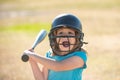 Portrait of excited amazed kid baseball player wearing helmet and hold baseball bat. Funny kids sports face. Royalty Free Stock Photo