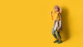 Portrait of an excited beautiful girl wearing dress and sunglasses holding shopping bags. Cheerful young woman with handbag on Royalty Free Stock Photo