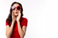 Portrait excited beautiful woman wearing retro red sunglasses. Surprised young female look telling something. She get happy, Royalty Free Stock Photo
