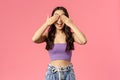 Portrait of excited enthusiastic good-looking woman in crop-top, awaiting for command to open eyes, smiling amused