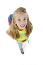 Portrait of excited schoolgirl child with backpack Education concept. Wide angle