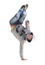 Funny cheerful happy man jumping in air over white background Royalty Free Stock Photo