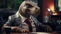 portrait of executive manager in office as a reptile tyrannosaurus rex