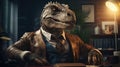 portrait of executive manager in office as a reptile tyrannosaurus rex