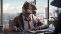 portrait of executive manager in office as a reptile tyrannosaurus rex