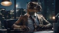 portrait of executive manager in office as a reptile tyrannosaurus rex