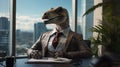 portrait of executive manager in office as a reptile tyrannosaurus rex