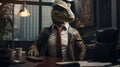 portrait of executive manager in office as a reptile tyrannosaurus rex