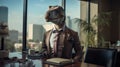 portrait of executive manager in office as a reptile tyrannosaurus rex