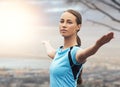 Portrait, exercise and freedom with sports woman outdoor in mountains for morning cardio training. Fitness, health and Royalty Free Stock Photo