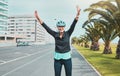 Portrait, exercise and senior woman with hands in the air, fitness and workout target with happiness. Excited, mature Royalty Free Stock Photo