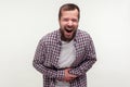 Portrait of extremely excited happy bearded man holding his belly and laughing out loud. isolated on white background Royalty Free Stock Photo