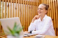 Portrait of extremely happy woman using laptop working on notebook, distance learning online education and work, female having